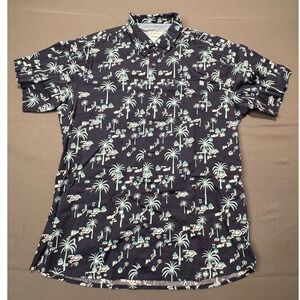 Reverse Threads Mens XLarge Navy Blue‎ Tropical Palm Tree Button Down Shirt